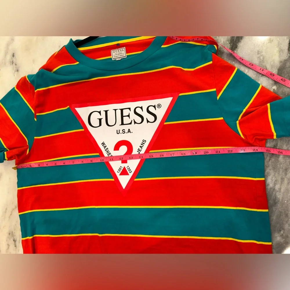 EUC Vintage Guess Size XL Men's Colorful Striped Tee in Red and Teal - Picture 10 of 11